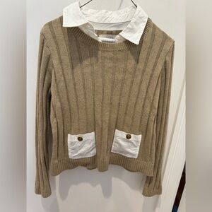 LOFT Beige Sweater with White Details